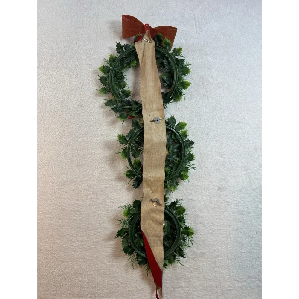 Vintage Plastic Triple Christmas Wreath with Bells on Flocked Red Velvet Ribbon